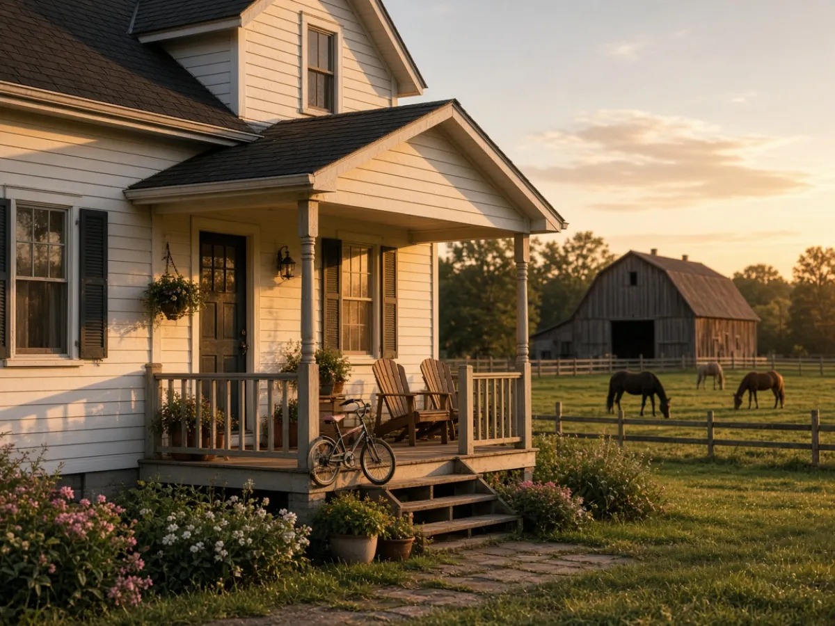 Staff cottage on a horse farm at golden hour