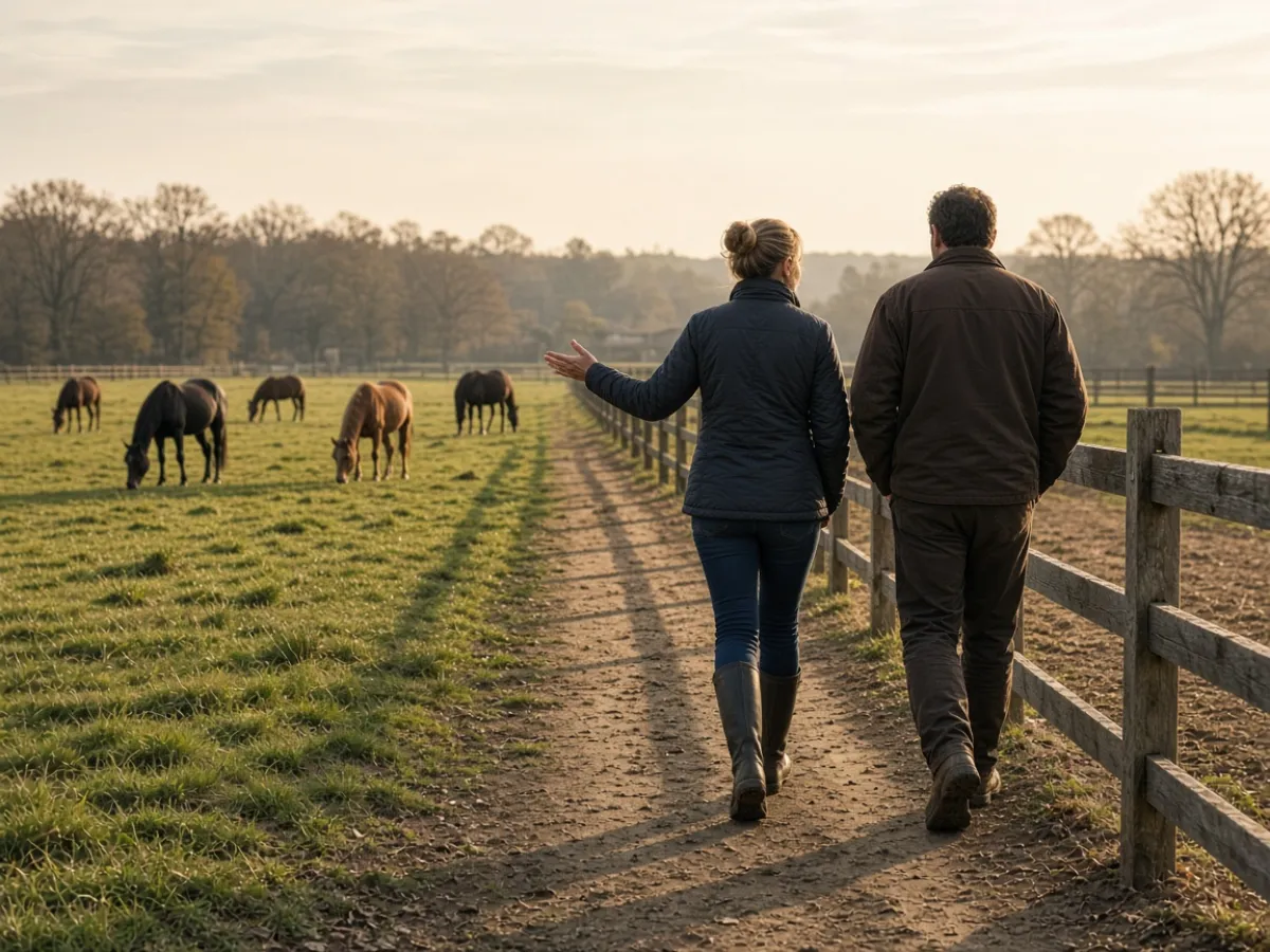 A barn manager and a stable hand walking a fence line