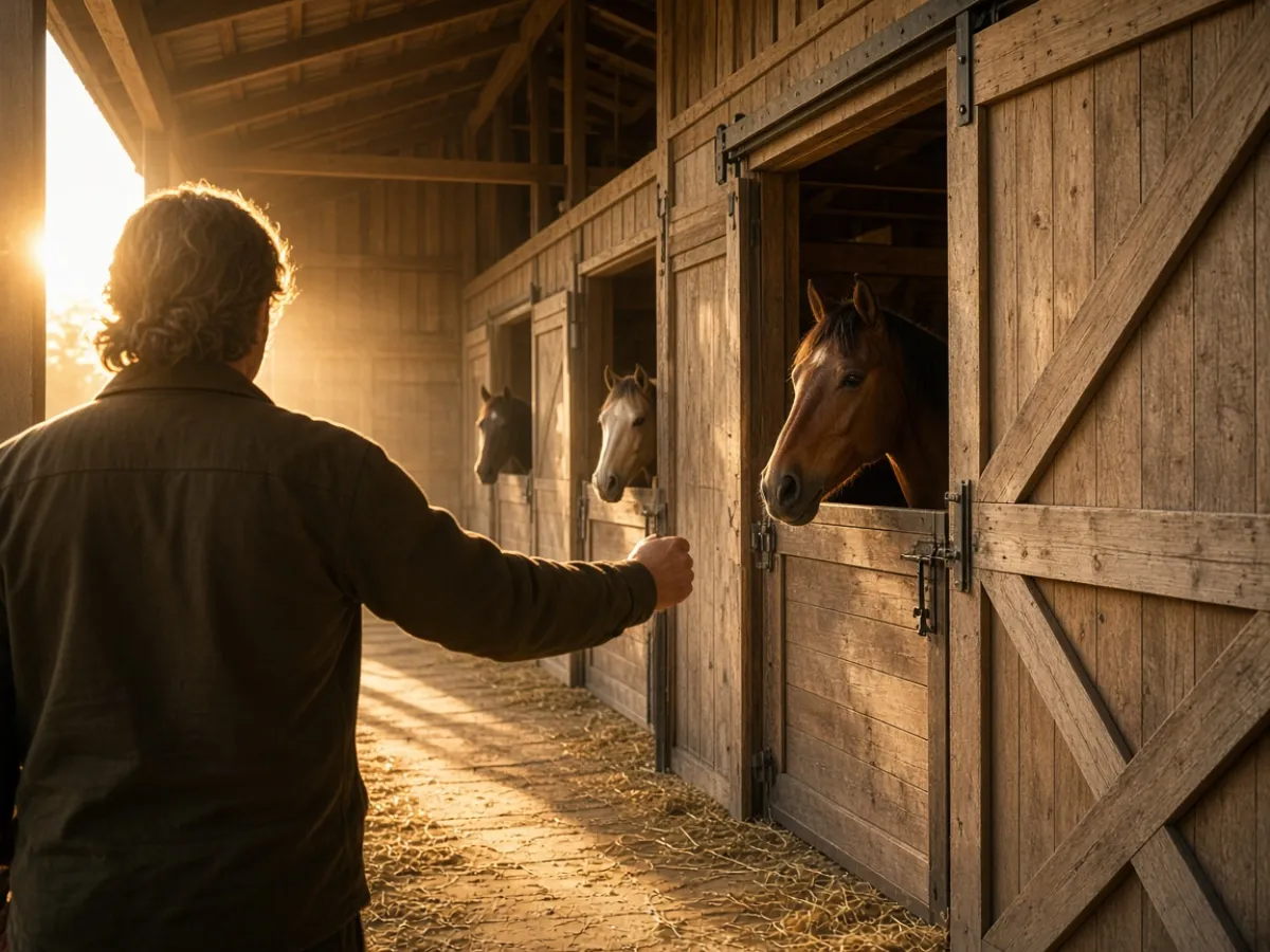 A host opening the barn at sunrise